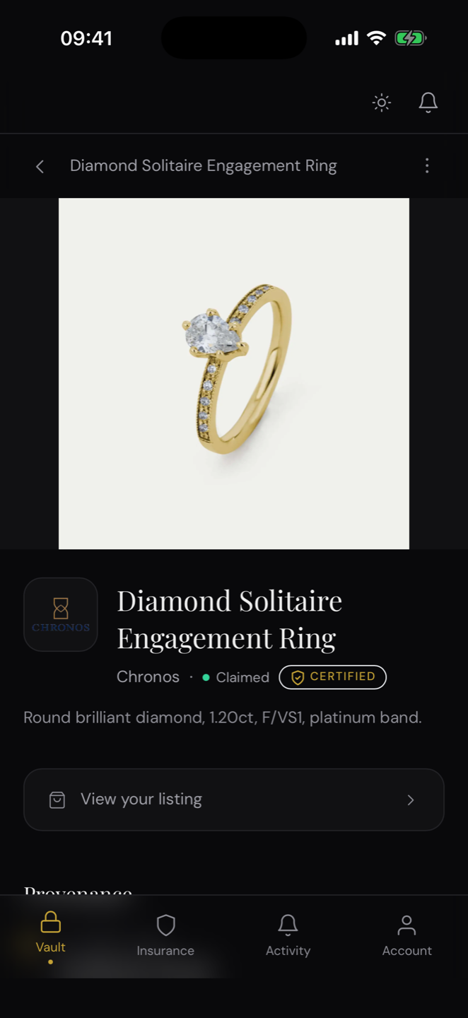 Norrstone Vault on iOS — certificate detail with diamond specifications