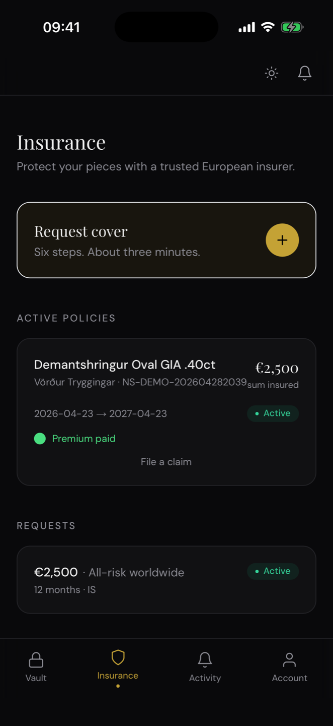 Norrstone Vault on iOS — insurance with active policies and premium payment